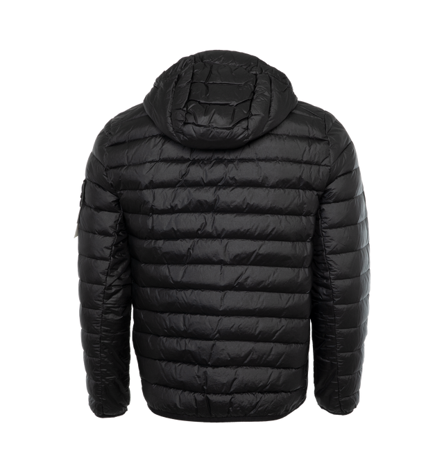 Image 2 of 3 - BLACK - STONE ISLAND Packable Jacket featuring zipper closure on front, fixed hood, zipper pockets on sides, Stone Island Compass logo on left sleeve and down-filled. 100% polyamide. Filling: 90% down, 10% feather (Goose). 