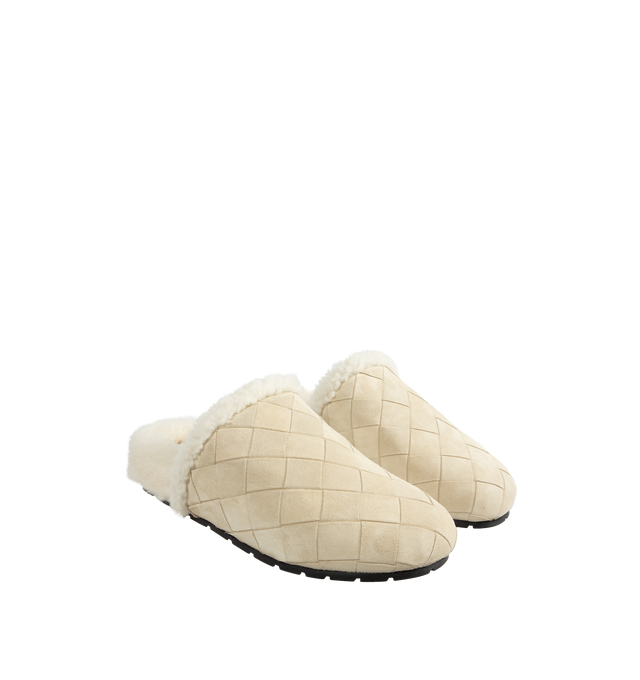 Image 2 of 4 - WHITE - BOTTEGA VENETA Reggie Slipper featuring covered front and open heel, crosshatch pattern, suede upper, lined with plush fur and rubber sole. 