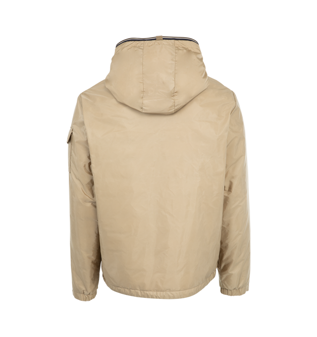 Image 2 of 3 - BROWN - Moncler Evettes Jacket has an attached hood, a 2-way zipper closure, a button flap sleeve pocket, a signature logo patch, and side pockets. Made in Romania.  