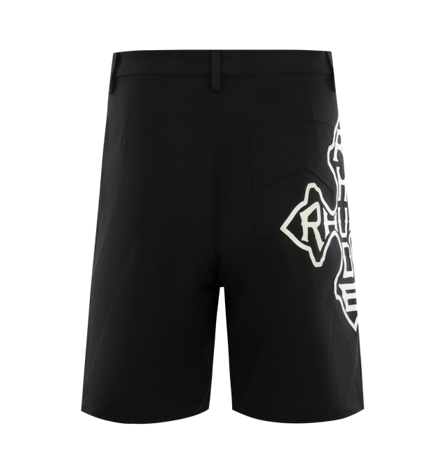 Image 2 of 3 - BLACK - RHUDE Cross Logo Twill Shorts featuring Rhude cross motifs on the side and front, belt loops, side slit pockets, zip fly and button-front closure. 100% cotton. 