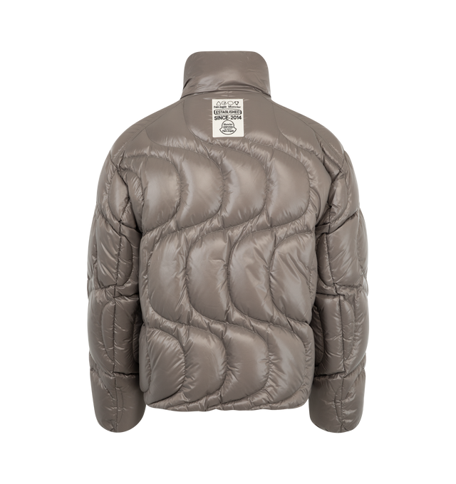 Image 2 of 3 - GREY - Moncler X Palm Angels Haunani Down Jacket has a stand collar, a zipper and snap button closure, a drawstring hem, a signature logo patch, side zip pockets, and adjustable cuffs. Fill 90% down, 10% feather. Exterior 100% polyamide. Made in Romania.  