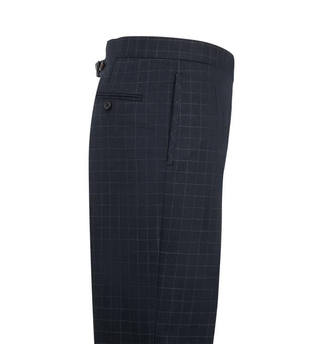 Image 3 of 3 - NAVY - Thom Browne Women's Classic Backstrap Trouser with Self Tipping in Windowpane Check Cotton Wool Suiting is tailored from a cotton-blend suiting fabric and features a refined windowpane check pattern and its signature backstrap detail.  Main Material: Cotton Blend. 