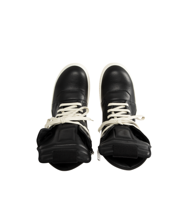 Image 4 of 4 - BLACK - Rick Owens Men's Creep Geobasket shoes crafted from full-grain cow leather. Above-ankle height featuring an extended toungue with webbing tab, signature geometric panels, a padded back counter with lines of top-stitching, zipper on the inside ankles for easy fastening, and a natural creeper 3.5cm high sole. 100% cow leather upper, 100% calf leather lining and insole, 100% thermoplastic rubber sole. Made in Italy. 