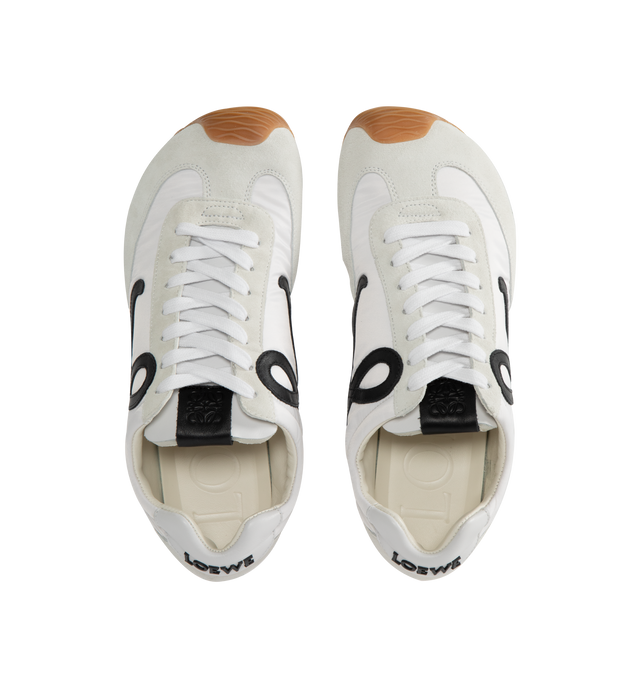 Image 5 of 5 - WHITE - Loewe Men's Ballet Sneaker in nylon and calfskin featuring an asymmetrical toe shape, a sock-like internal structure and a lightweight rubber outsole that extends to the toecap. Features 20mm heel, white and tonal laces, L monogram at the side, embossed Anagram on the tongue, Injected rubber LOEWE on the heel tab. Made in Italy. 