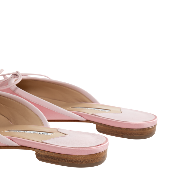 Image 3 of 4 - PINK - Manolo Blahnik Satin Bow Ballerina Flats in a slide-on style featuring grosgrain trim and bow accent, 10 mm flat heel, almond toe, leather outsole and leather lining. Made in Italy. 