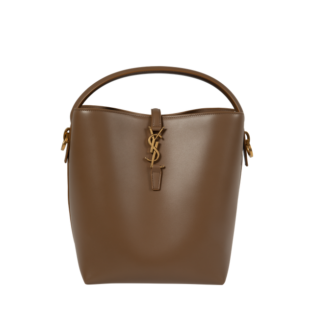 Image 1 of 3 - BROWN - SAINT LAURENT Le 37 Bucket Bag featuring metal cassandre hook closure, one zipped pouch, suede lining, and four metal feet. 20 X 25 X 16cm. Handle drop: 9cm. Strap drop: 40cm. 100% calfskin leather. Made in Italy.  