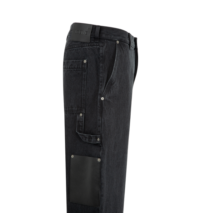Image 3 of 3 - BLACK - LOEWE Jeans in medium-weight washed cotton denim featuring regular fit, regular length, mid waist, straight leg, concealed button fly, front slash pockets, rear patch pockets and leather side pocket, hammer loop and LOEWE debossed leather patch placed at the back. Cotton. Made in Italy. 