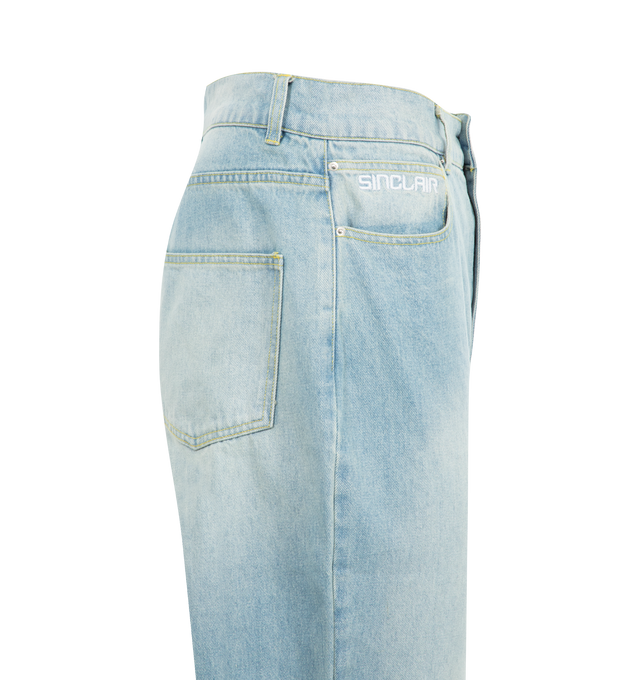 Image 3 of 3 - BLUE - Sinclair Global Country Patched Denim Jeans are a 5-pocket style with unique patchwork detailing, a straight fit, and an embroidered logo at the pocket.  