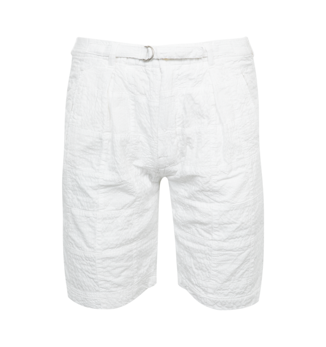 Image 1 of 3 - WHITE - POST O'ALLS E-Z Lax 4 Shorts featuring poly seersucker, lightweight and breathable, elasticated waistband, belt, zip fly, two slash pockets, two inverted front pleats and cinch on reverse. 100% cotton. Made in Japan. 