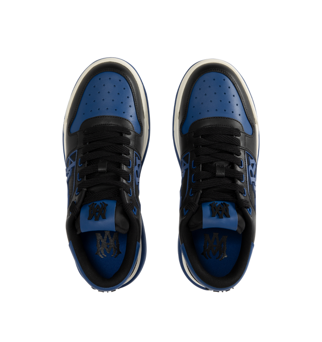 Image 5 of 5 - BLUE - AMIRI Classic Low Sneakers featuring low-top, buffed leather, graphic perforated detailing throughout, logo bonded at padded tongue, padded collar, rubberized logo appliqu at sides, logo bonded at heel counter and treaded rubber sole. Upper: leather. Sole: rubber. 