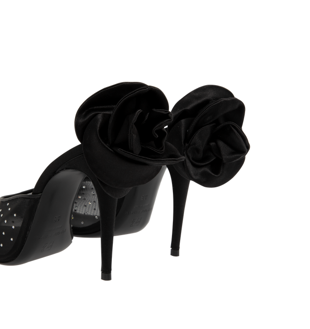 Image 3 of 4 - BLACK - Magda Butrym Pointed Toe Mules have knife heels with the designer's iconic 3D roses and mesh toe boxes detailed with all-over crystals. Leather soles.  