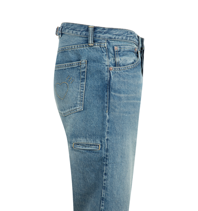 Image 3 of 3 - BLUE - Human Made Future Straight Denim Pants are a 5-pocket style with a button fly and a slim fit. 100% cotton.  