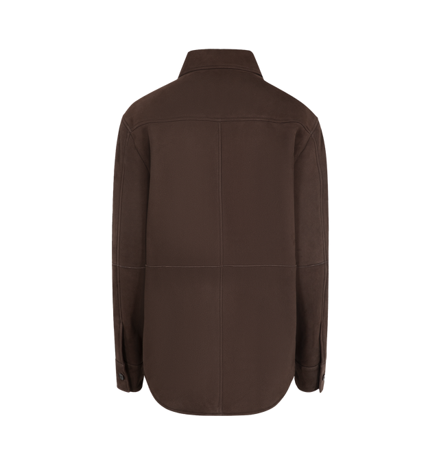 Image 2 of 3 - BROWN - The Row Relaxed shirt jacket in supple lambskin shearling with front patch pockets, paneled construction, and front button placket with horn button closure. 100% Lambskin Leather. Made in Italy. 