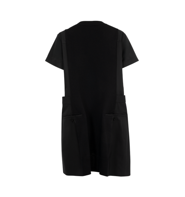 Image 2 of 2 - BLACK - SACAI Poplin x Knit Dress featuring short sleeves, crew neck, midi length, paneled construction and loose fit. Cotton/polyester. 