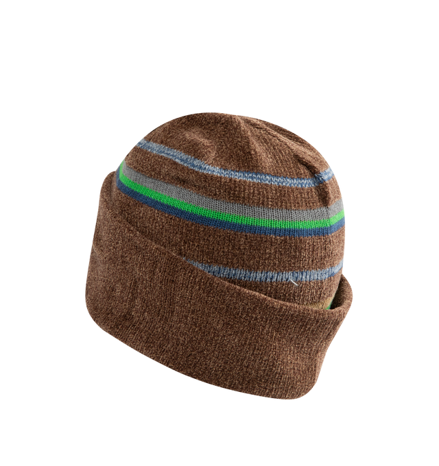 Image 2 of 2 - BROWN - MAISON MARGIELA Striped Knit Beanie featuring knit cotton-blend beanie, stripes throughout, rolled brim and white stitching at back face. 95% cotton, 5% wool. Made in Italy. 