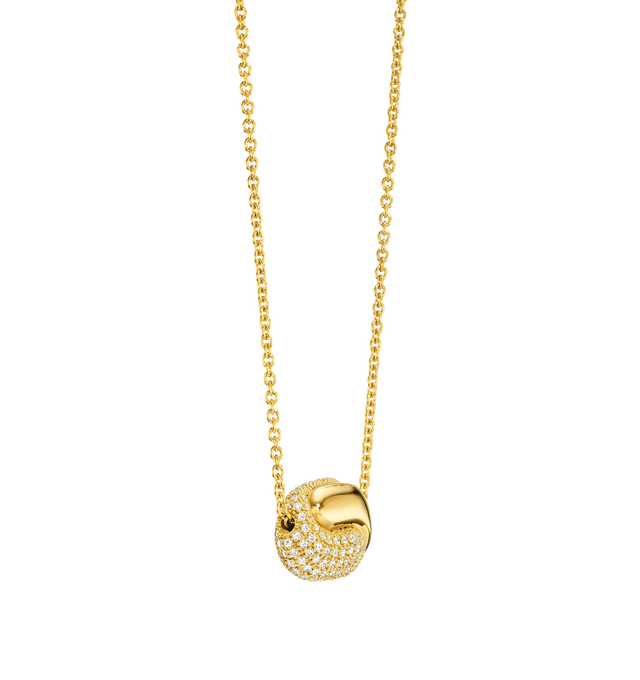Image 2 of 2 - GOLD - PAMELA ZAMORE Holos Small Hug Diamond Necklace featuring two sculptural halves of a piece interlocking to become one. Hand-finished. 18K yellow gold, 10.5g. 0.68ct diamonds. Length: 14.5/15.5/16. Hirshleifers offers a range of pieces from this collection in-store. For personal consultation and detailed information about jewelry, please contact our dedicated stylist team at personalshopping@hirshleifers.com. This item may be restricted for online purchase to international clients. For a 