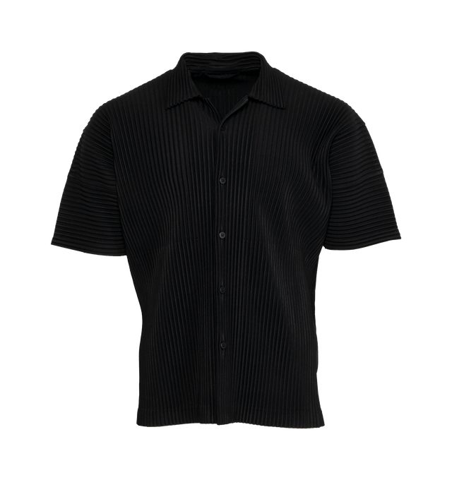BLACK - ISSEY MIYAKE MC May Shirt has a spread collar, front button closure, and short sleeves. 100% polyester knit. 