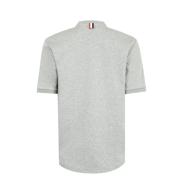 Image 2 of 3 - GREY - THOM BROWNE Cotton Milano Tee featuring ribbed neckline and cuffs, patch chest pocket, curved stepped hem, name tag appliqu and signature striped grosgrain loop tab. 100% cotton. Made in Italy. 