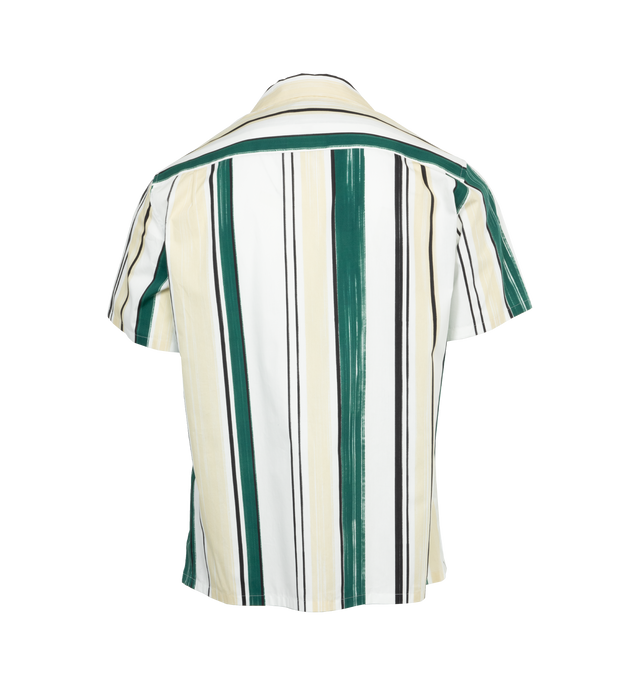 Image 2 of 3 - GREEN - LANVIN Printed Bowling Shirt featuring pointed collar, front buttoned fastening, white embroidered logo on the chest, short sleeves, straight hem and stripes printed pattern all-over. 100% cotton.  