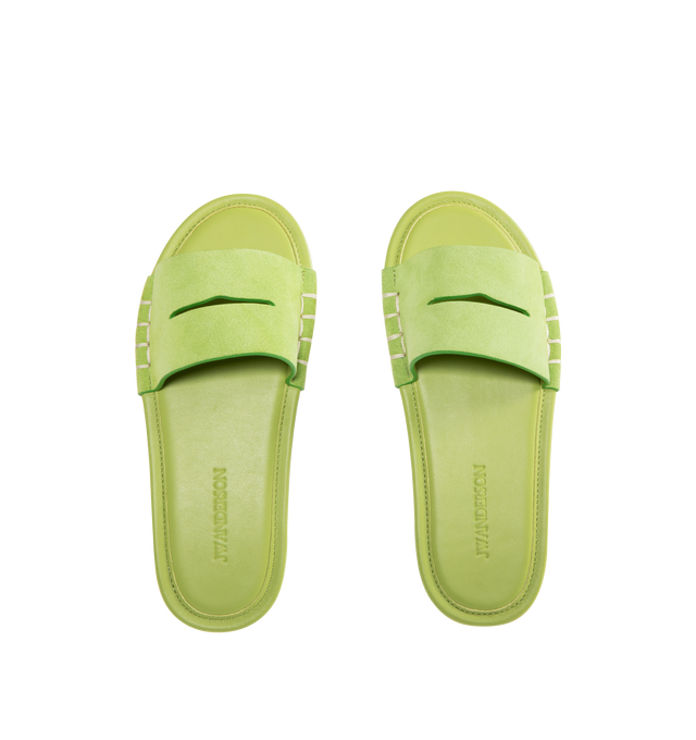 Image 4 of 4 - GREEN - JW ANDERSON Loafer Slide Sandal featuring a whipstitched keeper strap, Italian-crafted suede slide sandal, leather upper, lining and sole. Made in Italy. 