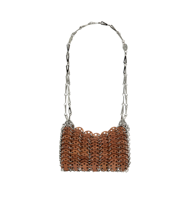 Image 1 of 3 - BROWN - RABANNE Wooden Chainmail Bag featuring magnetic closure, shoulder silhouette, adjustable chain strapping and silver-tone metal and wooden chainmail body. 70% wood, 30% steel. 