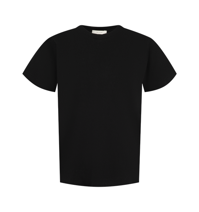 Image 1 of 2 - BLACK - The Row Women's Duca Top is crafted from soft cotton jersey and features a classic crew neckline, short sleeves, and refined flat trim detailing for a clean, minimalist look. This designer cotton T-shirt combines exceptional Japanese craftsmanship with lightweight comfort and timeless versatility, making it an effortless everyday wardrobe essential. Main Material: 100% Cotton. Made in Japan. 
