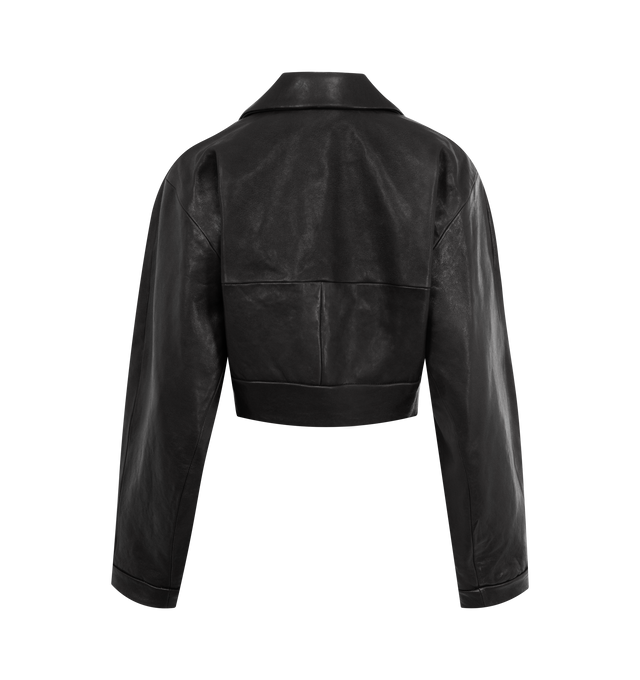 Image 2 of 2 - BLACK - Khaite cropped leather jacket with a sculptural silhouette that reimagines lines of the 1960s and 1970s. Rounded volumes are refined by extended sleeves and horn buttons. Heavy shiny lambskin (100% lambskin), lined with cupro twill (100% cupro). 