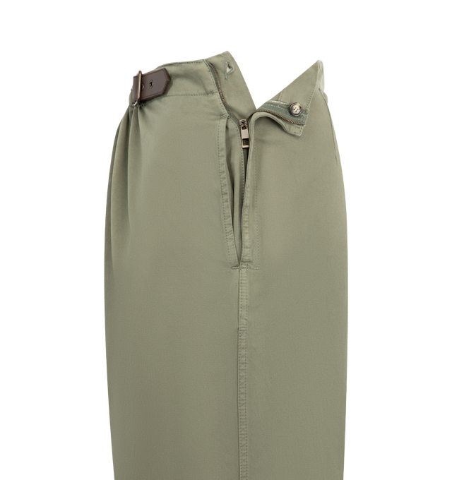 Image 4 of 4 - GREEN - Loewe Men's Trousers in medium-weight garment-dyed cotton satin featuring a gathered front with a decorative contrast belt. Regular fit, regular length featuring mid waist, straight leg, side zip fastening, seam pockets, buttoned rear jet pocket, pressed creases at the front and LOEWE embossed leather patch placed at the back. Cotton. Made in Italy. 