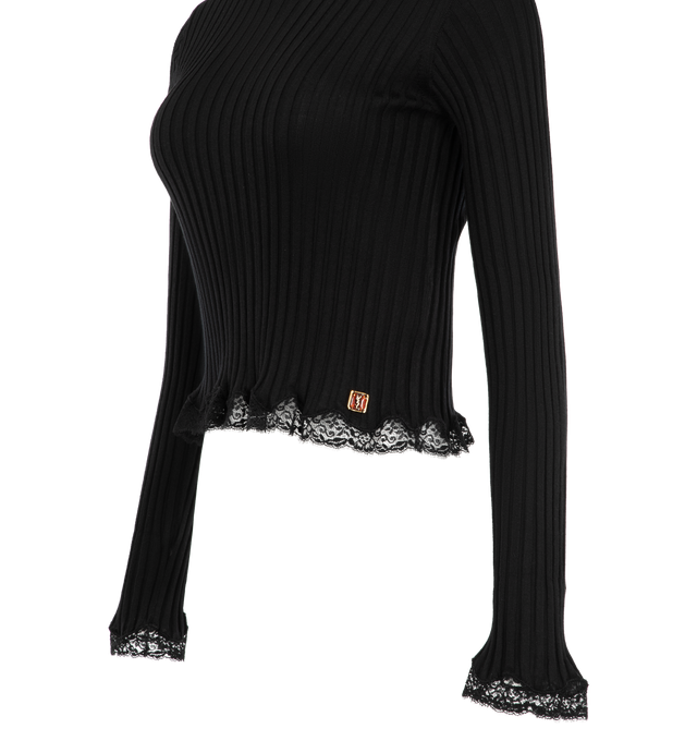 Image 3 of 3 - BLACK - Saint Laurent Women's Logo-Appliqud Lace-Trimmed Ribbed Knit Top is crafted from a luxurious blend of wool, cashmere, and silk and features a close-fitting, cropped silhouette designed to contour the body. Rendered in a finely ribbed knit, this lightweight and stretchy style is softened by delicate lace trim at the hem and cuffs, while a logo appliqu adds a subtle signature finish. Main Material: 35% Wool, 35% Cashmere, 30% Silk.  Made in Italy. 