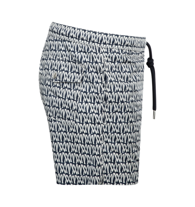 BLACK - MONCLER Monogram Print Swim Trunks featuring waistband with drawstring fastening, side slant pockets, back patch pocket and logo patch.