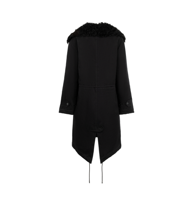 Image 2 of 3 - BLACK - Toteme Women's Shearling Cotton Parka that reimagines a heritage winter silhouette with a curly black shearling lining for exceptional warmth. Crafted from cotton with quilted sleeves, it features adjustable drawstrings at the waist and hem for a customizable fit, plus four pockets for practicality. Materials: 100% organic cotton; lining: 100% lamb leather; sleeve lining: 100% viscose. 