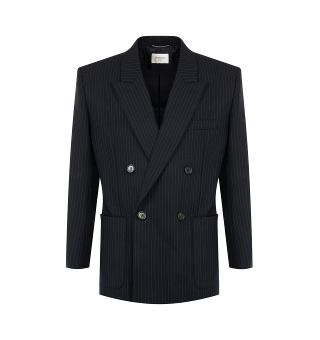 Image 1 of 2 - BLUE - Saint Laurent Mens Double-Breasted Jacket is crafted from certified virgin wool. Features a double-breasted four-button closure, peaked lapels, padded shoulders, four-button cuffs, two front patch pockets, two interior jetted pockets, single back vent, and signature Cassandre embroidery at the interior. Main Material: 100% Virgin Wool; Bodice Lining: Silk; Sleeve Lining: Viscose. Made in Italy. 