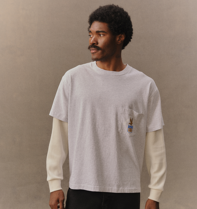 Image 5 of 7 - GREY - Cherry LA Men's Motors Layered Thermal T-Shirt is crafted from a poly-cotton blend and features a boxy-fit silhouette with custom layered thermal sleeves. Designed with a chest pocket, screen-printed graphics at the chest and back, and a relaxed everyday fit, this style combines vintage-inspired layering details with Cherry LA's signature graphic aesthetic. Main Material: Poly-Cotton Blend. Made in Los Angeles, California. 