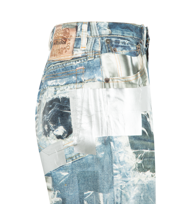 Image 3 of 3 - BLUE - ACNE Printed Jeans featuring a seasonal trompe-lil tape print, organic cotton denim with a brushed surface for a soft handfeel, regular fit, mid waist, wide, straight leg that subtly flares from the knee, 5-pocket construction and zipper fly closure. 100% cotton. 
