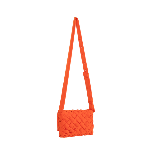 Image 2 of 3 - ORANGE - BOTTEGA VENETA Small Rumple Messenger featuring foulard intreccio, light paper nylon, cross-body bag with adjustable strap, single interior zipped pocket and magnetic closure. 5.5" x 8.3" x 2". Strap drop: 17.7". 100% polyester. Made in Italy. 