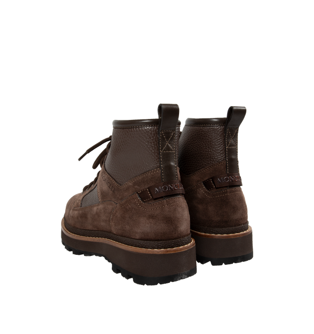 Image 3 of 4 - BROWN - MONCLER Peka Camp Suede & Leather Lace-Up Boots featuring suede and leather upper, leather lining insole, lace-up closure, leather welt, micro rubber midsole and vibram rubber tread. Calf length 14 cm. Sole height 4.5 cm. Leather. Sole: 100% elastodiene. 