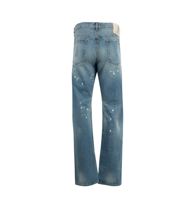 Image 2 of 3 - BLUE - COUT DE LA LIBERTE Bobby Japanese Shuttle Selvage Denim Relaxed Jeans featuring button front closure, 5 pocket styling, distressing throughout and cuffed hem. 98% cotton, 2% elastane. Made in USA. 