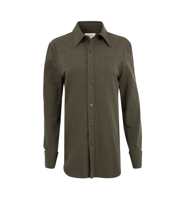 Image 1 of 2 - GREEN - SAINT LAURENT Cassandre Shirt featuring fitted shirt with a pointed collar, straight shoulders, front button closure, one-button french cuffs, curved hem and chest pocket with tonal cassandre embroidery. 50% cotton, 50% linen. Made in Italy. 