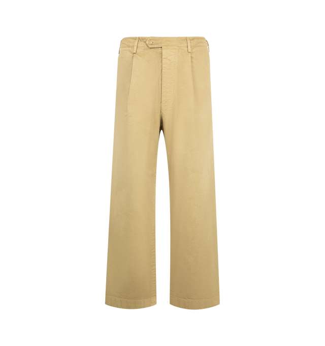 Image 1 of 3 - NEUTRAL - Auralee Men's Garment-Dyed Finx Chino One-Tuck Wide Pants are crafted from chino cloth woven with triple-twisted Egyptian Finx extra-long staple cotton yarns and feature a one-tuck front, an oversized fit, and a straight-leg silhouette. Garment-dyed and carefully hand-finished by skilled artisans, the fabric develops a unique depth of color and subtle tonal variation while maintaining the natural softness and smooth texture of Finx cotton. Main Material: 100% Cotton. 