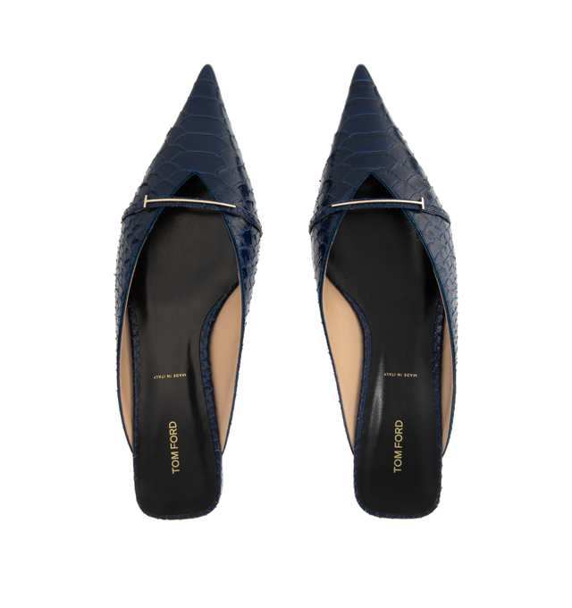 Image 4 of 4 - BLUE - TOM FORD Python Embossed Pointed Toe Mule featuring snake-embossed leather slip-on flats, pointed toe, strap and logo hardware at vamp, logo printed at footbed, stacked leather heel and leather sole. Upper: leather. Sole: leather. Made in Italy. 