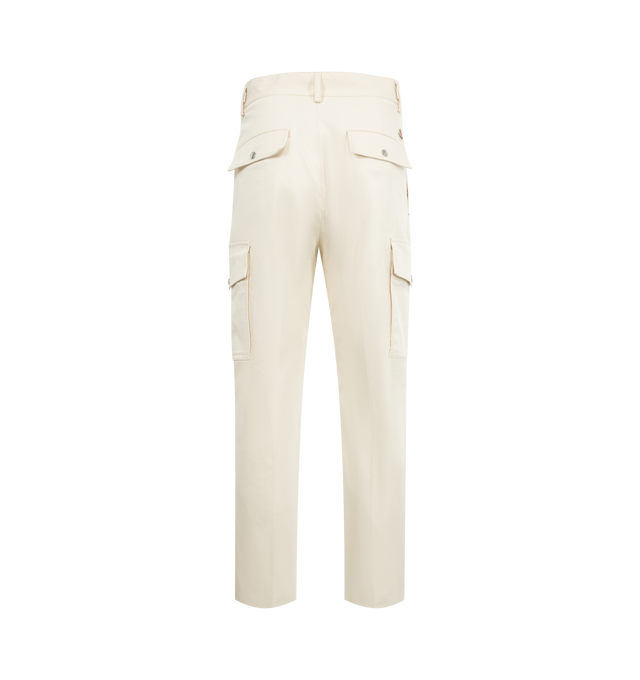 Image 2 of 3 - WHITE - MONCLER Gabardine Cargo Pants featuring stretch cotton gabardine, adjustable waistband with logo straps, zipper and button closure, zipped pocket and cargo pockets with snap button closure. 97% cotton, 3% elastane/spandex. 