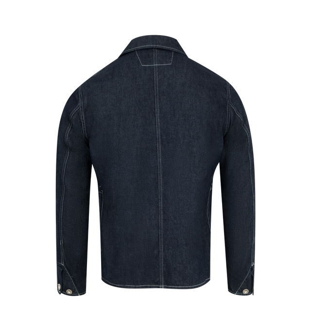 Image 2 of 2 - BLUE - C.P. Company 3/1 Denim Chore Jacket has a classic collar, contrast topstitching, a custom logo patch on the chest, and multiple misplaced pockets. 100% cotton.  