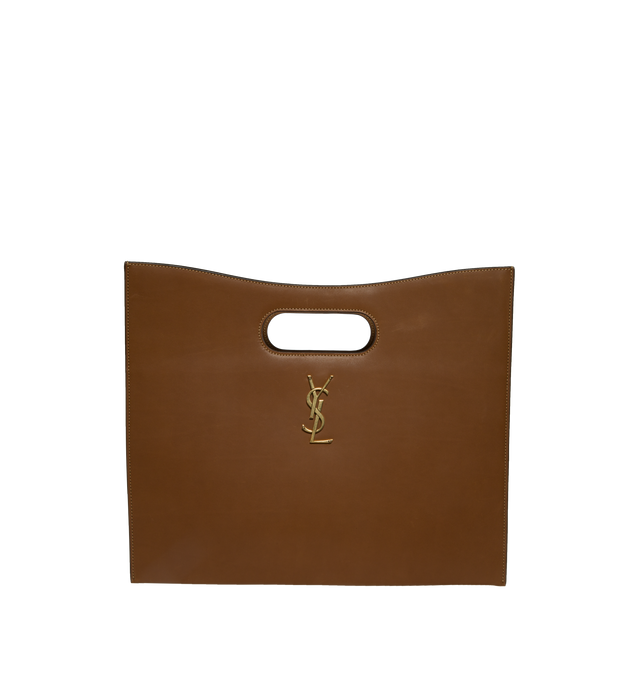 Image 1 of 3 - BROWN - SAINT LAURENT Junon Squared Bag featuring leather fully lined in toal suede, cassandre, contrasting trim, structured, accordion sides, cut out handles and one zip pocket. 13.6" X 11.2" X 3.3". Calfskin leather.  