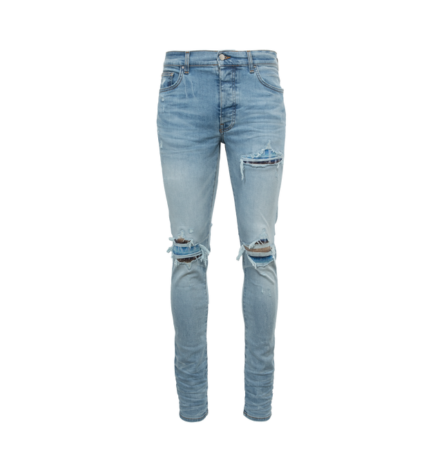 Image 1 of 3 - BLUE - AMIRI Mohair MX-1 Jeans featuring belt loops, five-pocket styling, button-fly, mohair underlay at legs, leather logo patch at back waistband and logo-engraved silver-tone hardware. 98% cotton, 2% elastane. Made in United States. 