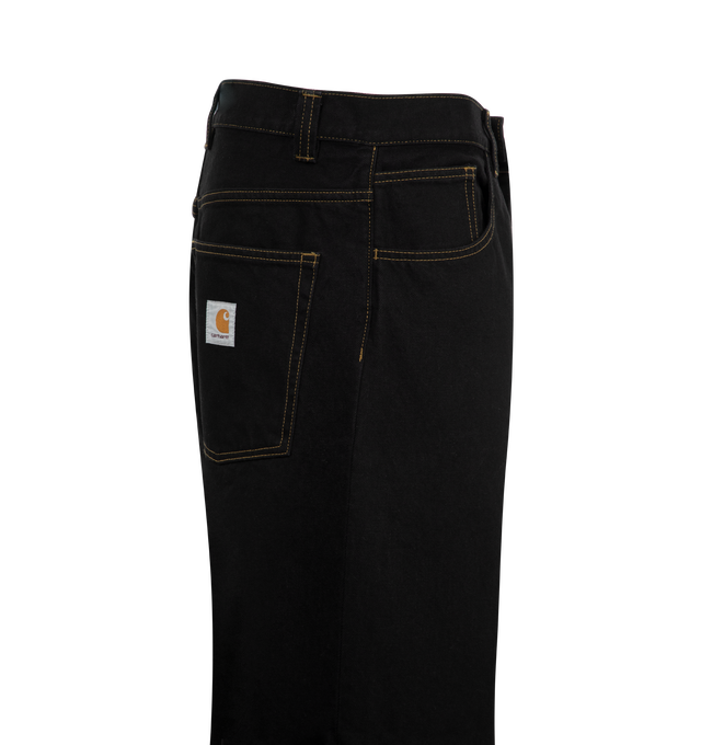 Image 3 of 3 - BLACK - Carhartt WIP Brandon Pants are a 5-pocket style with a zip fly, a loose fit with a low crotch, a slightly shorter inseam, a back yoke, and a brand label at the back. 100% cotton.  