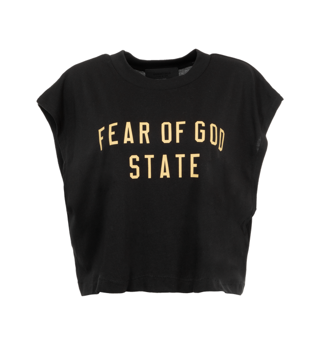 Image 4 of 6 - BLACK - Fear of God Cropped Muscle T-Shirt has a crew neck, printed logo, cropped hem, and logo patch at the back collar. Cotton-blend jersey.  