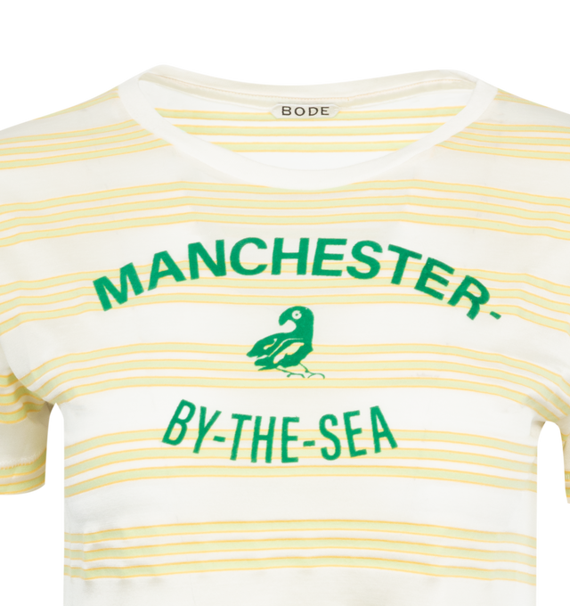 Image 2 of 2 - YELLOW - BODE Morris Stripe Tee featuring "Manchester-by-the-Sea" flocked design, cropped, stripes, short sleeves and crew neck. 50% cotton, 50% rayon. Made in Portugal. 