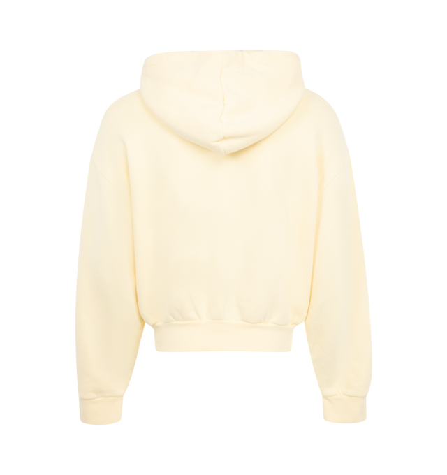 Image 2 of 2 - YELLOW - Jacquemus Men's embroidered oversized hoodie crafted from mottled cotton fleece. Featuring drawstring hood with circle and square tips, contrast embroidered signature logo, kangaroo pocket, ribbed cuffs and hem. 100% Cotton. Made in Portugal. 