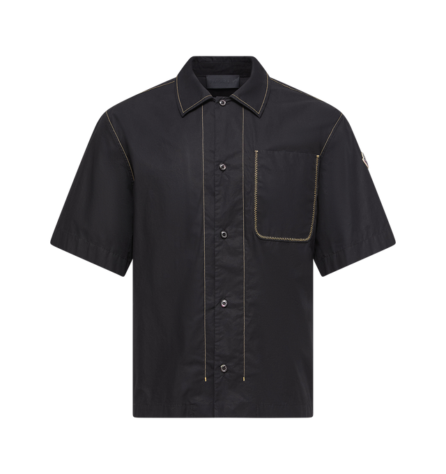 Image 1 of 1 - BLACK - MONCLER Contrast-Stich Cotton-Poplin Shirt featuring appliqu at sleeve, chest patch pocket, contrast stitching, button fastening through front and short sleeves. 100% cotton. 