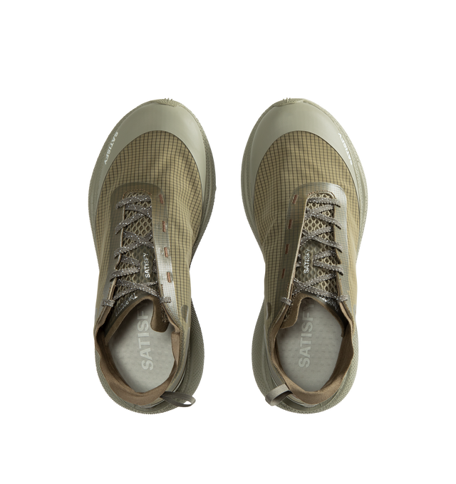 Image 5 of 5 - GREEN - Satisfy TheROCKER Running Shoes are engineered for long-distance comfort and traction. The silhouette delivers responsive cushioning, confident grip, and stability across mixed terrain. Designed with textured laces for reduced slip, and two interchangeable insoles, including 3mm and 5mm options, the shoe allows for a customized fit and feel. Main Material: Upper: Rippy 66 Monomesh: 100% PES. Midsole: Euforia Super Foam: 100% PEBA/EVA Blend. Outsole: TuneLug with Vibram MegaGrip Liteba 
